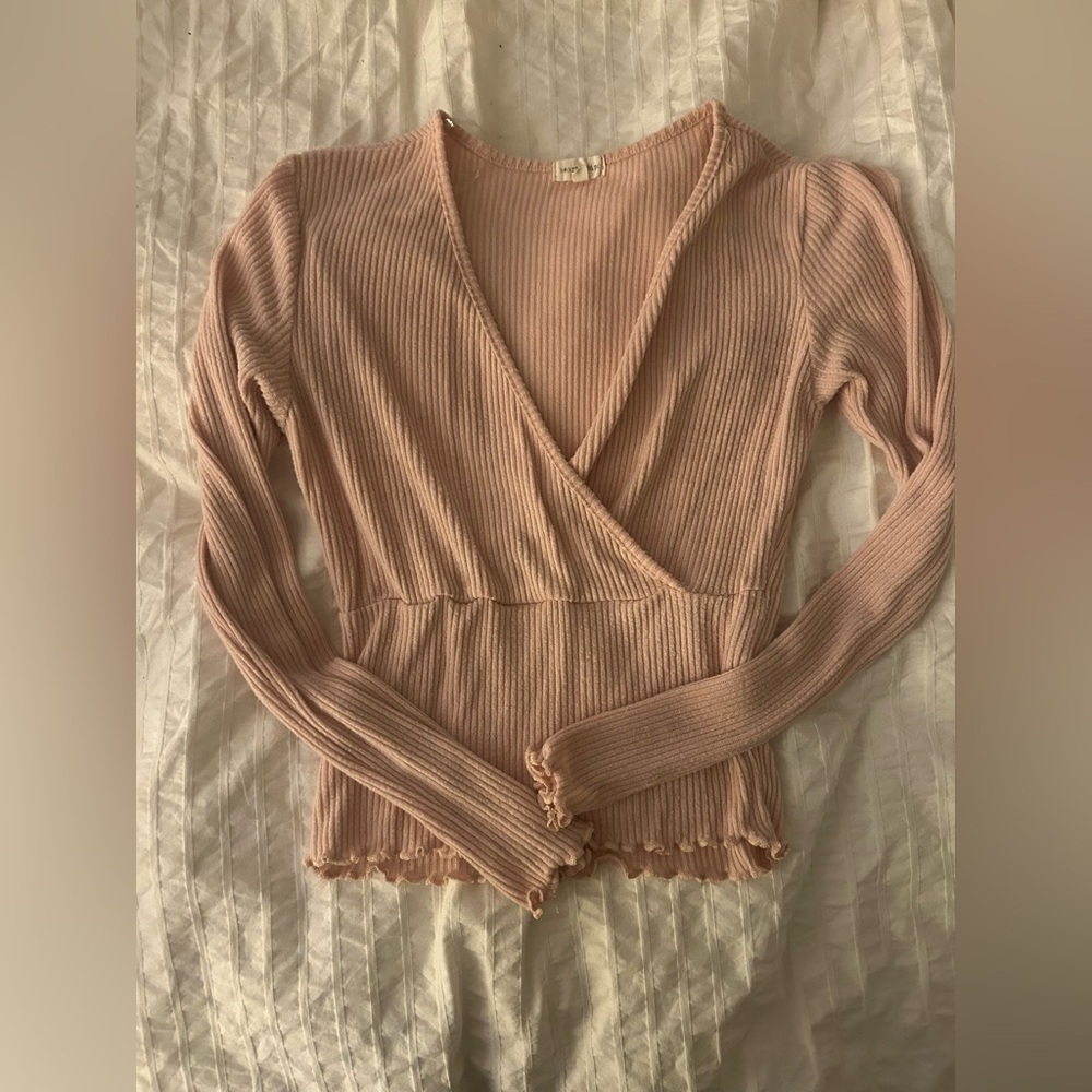 Heart & Hips S Pink Ribbed Balletcore Long Sleeve Blouse Top W/ Lettuce Hem